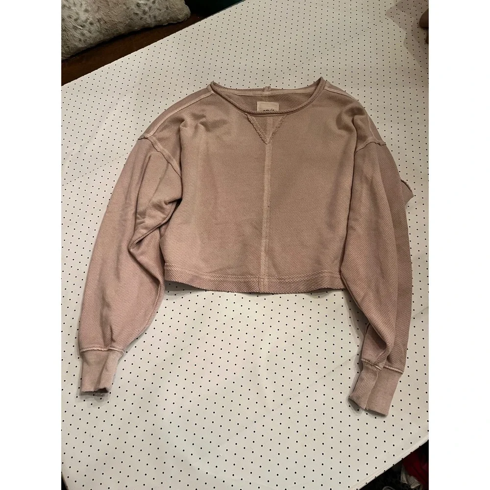 Aerie Sweatshirt Womens XS Dusty Pink Oversized Cropped Raw Seam Inside Out